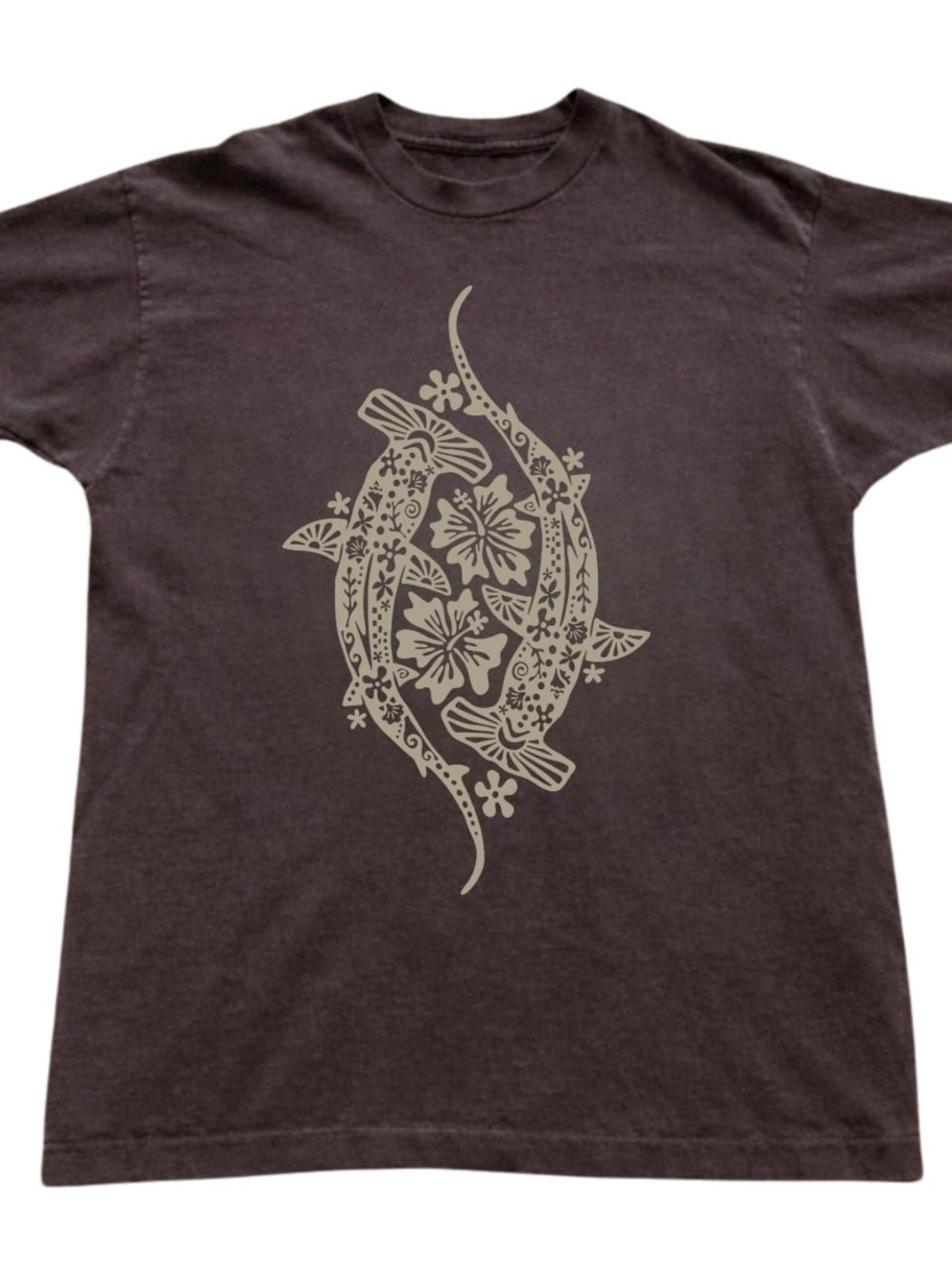 Brown Graphic T-Shirt with Floral Fish Print